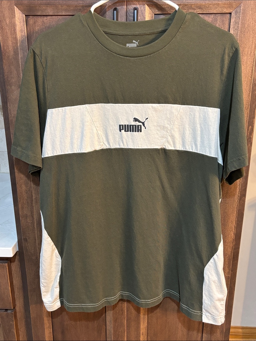 Puma Men's Olive Green and White Color-block Short Sleeve Tee Men's Size XL
